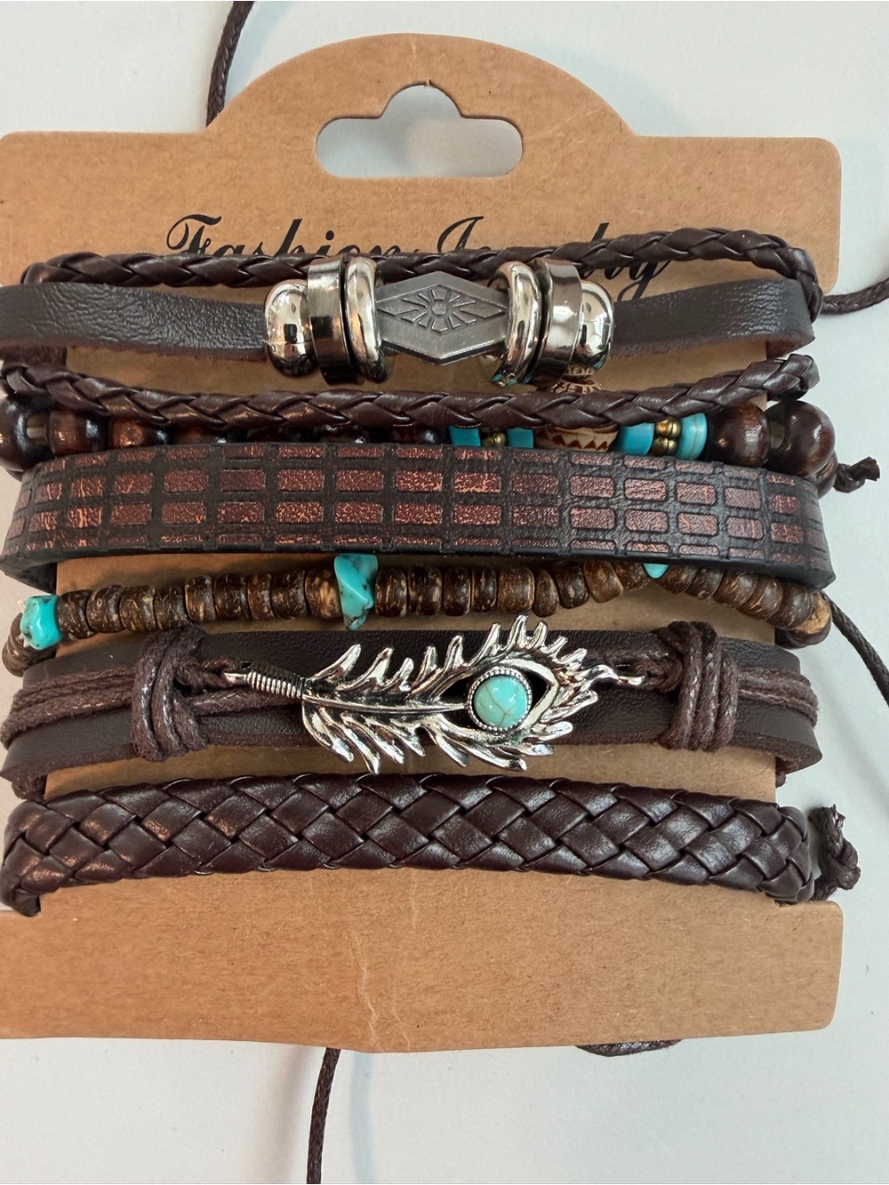6 Pcs boho tribal leather bracelet stack turquoise bead and Fancy Feather New!